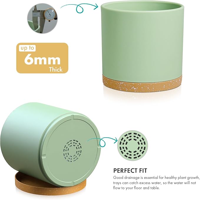 WSMKSZ 8 Inch Medium Flower Pots for Indoor Outdoor Plants, Cylinder Deep Plant Pots with Drainage Holes & Saucer, Decorative Plastic Planter Pots for Garden House Plants, Green with Brown