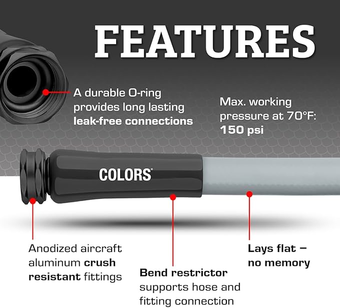 Flexzilla Colors Lead-In Garden Hose 5/8in. x 5ft., Lightweight All-Weather Water Hose, Durable and Flexible, Leak-Free Connections, Slate Gray