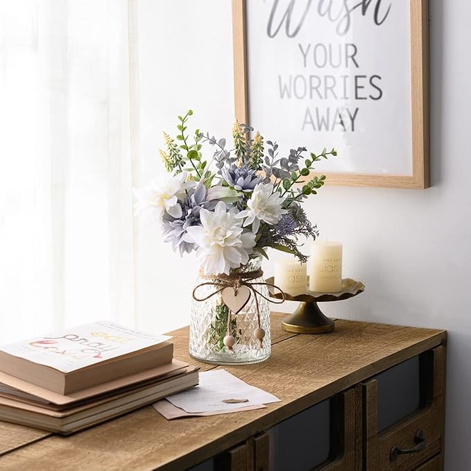Fake Flowers Artificial Blue Flowers with Vase, Table Centerpieces for Dining Room, Silk Flower Arrangements for Home, Living Room Bathroom Plant Decor, Centerpiece Table Decorations