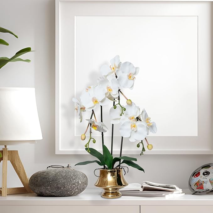 CXGS Orchids Artificial Flowers Realistic Fake Flowers in Ceramic Vase 20" White Faux Plants Indoor Lifelike Soft PU Phalaenopsis for Centerpiece Hotel Home Decor