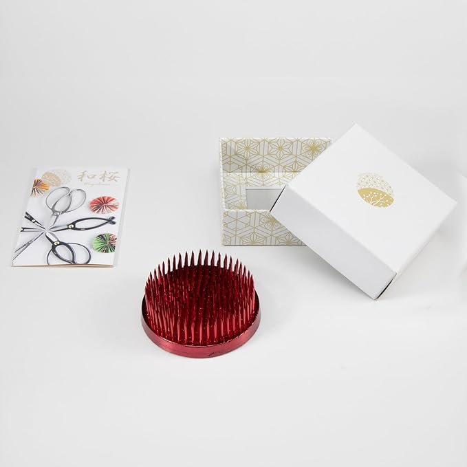 Wazakura Ikebana Color Kenzan - Japanese Flower Holder, Made in Japan, Floral Arranging Pin Frog, Round (Red - 63mm)