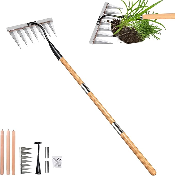 Garden Rake with Long Handle, 55" Gardening Tools Heavy Duty Rake, 7 Tines Sharp Edge Garden Weeding Tools, All Steel Hardened Hoe Garden Hand Rake Tools for Backyard Lawn Loosening Planting Weeding