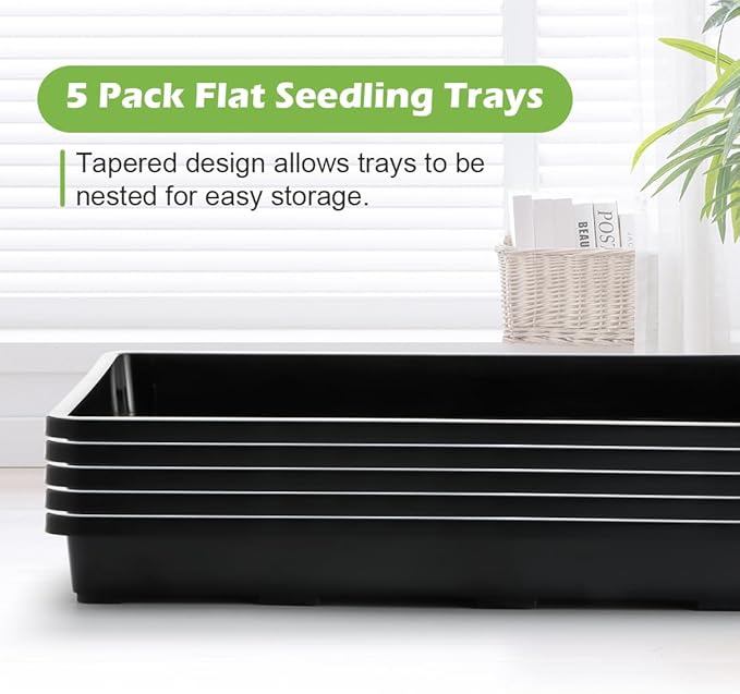 RooTrimmer 2.8 inch (7CM) Square Nursery Pots 120pcs with 5 Pack Seed Starter Trays, Durable Plastic Flat Seedling Tray (17"x11"x2") for Carrying and Holding Plant Nursery Pot (Black)