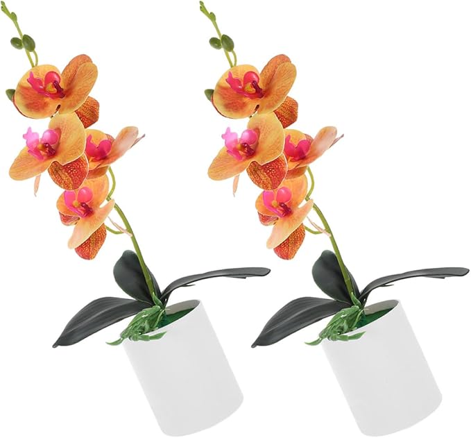 Operitacx 2pcs Artificial Potted Plant Faux Orchid Bonsai Orange Simulation Desktop Fake Orchid Flowers for Home Living Room Decoration