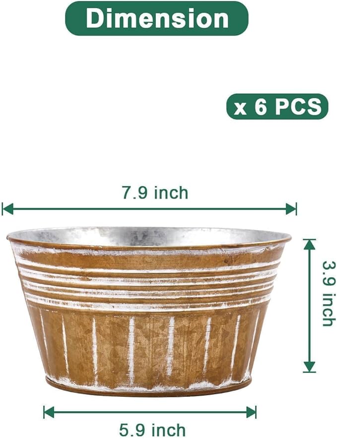 vensovo 8 Inches Brown Metal Rustic Plant Pots - 6Pcs Shallow Galvanized Planters with Drain Hole and Rubber Plug, Rustproof Tin Bucket Succulent Pot Indoor Farmhouse Vintage Style for Decor