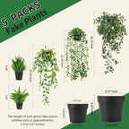 5 Pack Fake Plants - Artificial Hanging Plants & Small Potted Faux Eucalyptus Fern Ivy, UV Resistant Maintenance-Free, for Shelf Wall Desk Home Office Bathroom Indoor Outdoor Decor