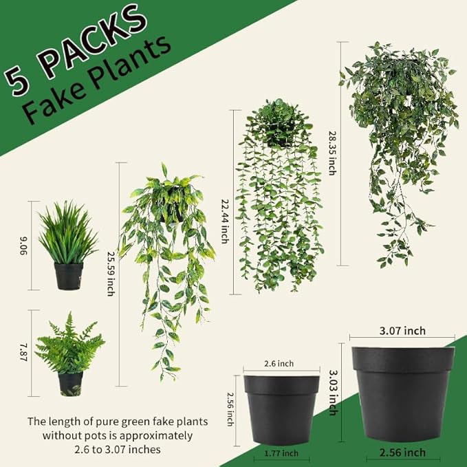 5 Pack Fake Plants - Artificial Hanging Plants & Small Potted Faux Eucalyptus Fern Ivy, UV Resistant Maintenance-Free, for Shelf Wall Desk Home Office Bathroom Indoor Outdoor Decor