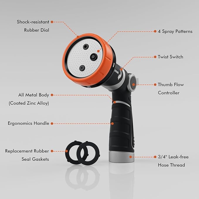 RESTMO Multi-Angle Garden Hose Nozzle with Sprinkler Function, Heavy Duty Water Hose Nozzle with 4 Spray Patterns, Magic Twist and Thumb Flow Control for Garden Watering, Car Washing & Yard, Orange