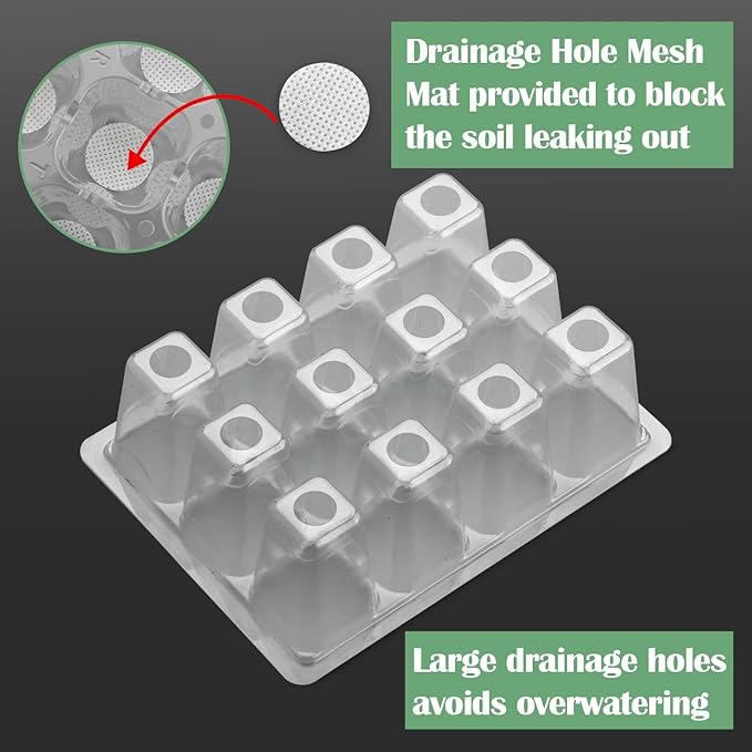 RooTrimmer 40 Pack Reusable 12-Cell Clear Seed Starter Trays - Extra Large Drainage Holes, Easy to Repotted, Clear Transparent Tray for Root Observation, Seed Starting, Fits 1020 Flats and TD377 Trays