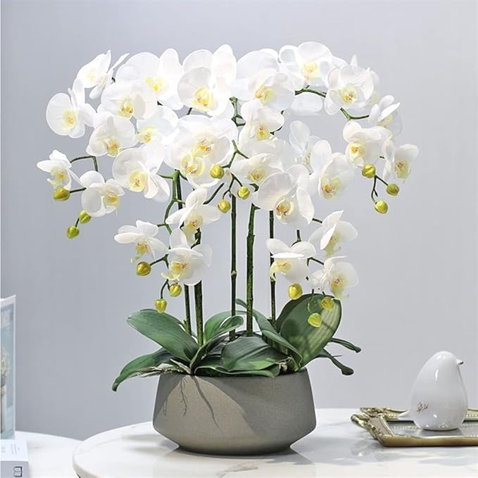 Decor Artificial Flowers with Vase Artificial Orchid with Vase Fake Flower Phalaenopsis Faux Plants for Home Decor Living Room Decoration 60cm Faux Flowers Arrangements Ornaments,White