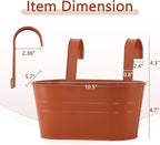 3 Pack Metal Railing Planters, 10.5" Oval Hanging Flower Pots with Detachable Hooks & Drainage Holes, Fits Rails up to 2.36", Galvanized Iron Fence Bucket for Balcony Garden Patio - Terracotta