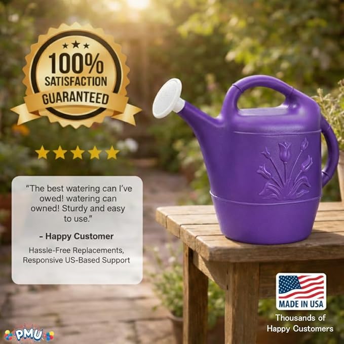 PMU 2 Gallon Watering Can - Garden Watering Can for Indoor & Outdoor Plants - Plastic Water Can with Detachable Sprinkler Head - Large Water Pot, Made in USA - Purple Pkg/1