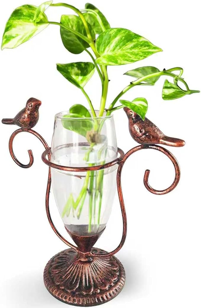 Vintage Glass Plant Propagation Station, Propagation Terrarium Flower Vases, Plant Lovers Gifts for Office Living Room Desk Decor (Copper Bird)