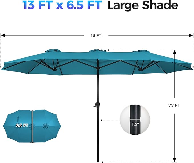 SUPERJARE 13FT Outdoor Umbrella for Patio, Double sided Pool Umbrellas with Fade Resistant Canopy, Large Table Umbrella for Deck, Market, Backyard - Lake Blue
