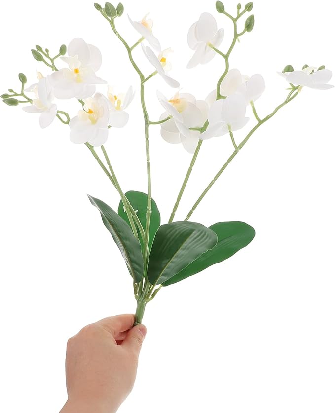 Baluue Artificial Phalaenopsis Orchid Stem Faux Leaves White Butterfly Orchid Flower for Indoor Home Decor Living Room Wedding Event Floral Arrangement