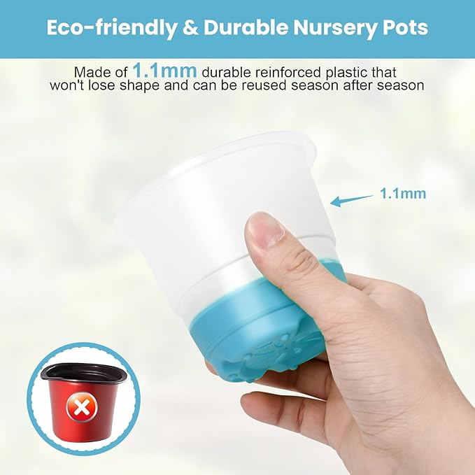 Sckee Clear Nursery Pots for Plants, 30 Packs Plastic Seed Starting Pots with Drainage Holes Plant Nursery Pots Silicone Base (Blue, 4 inch with lids)