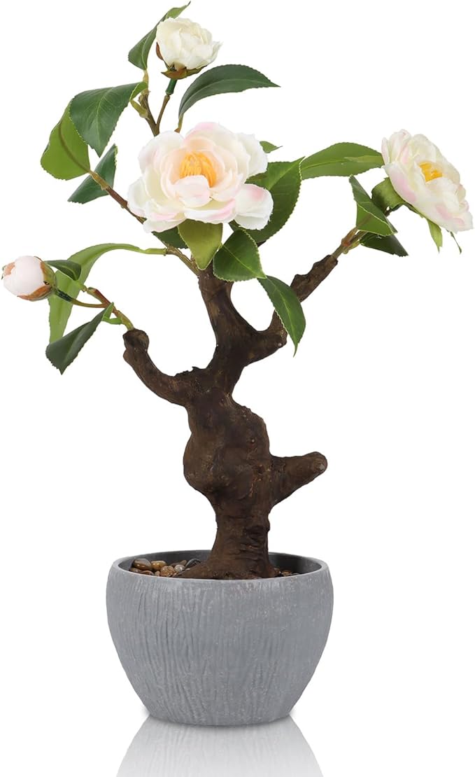 TOARTi Artificial Camellia Potted Plant with Stone Pot, 15" Tall Fake Potted Flowers Faux Plants Desk Decor, Realistic Decorative Plants Indoor Decor for for Home Bedroom Bathroom Office