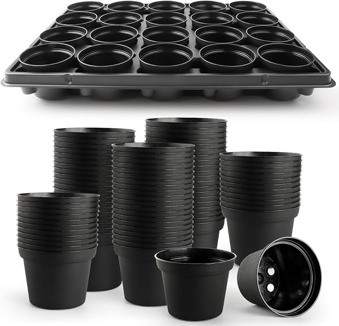 RooTrimmer 3 Inch Plastic Plant Pots 100 Pcs with 5 Pcs 20 Cell Seed Starter Trays, Thick Black Small Nursery Pots and Propagation Shuttle Trays for Seed Starting, Plant Propagation Starter Kit 5 Sets