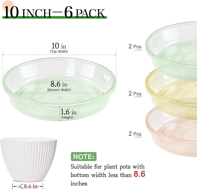 SupKing Plant Saucers Drip Tray 6 Pack 10 Inch Heavy Sturdy Plastic Flower Pot Saucers for Indoor Outdoor Planter Water Catcher Tray for Plant Pot (10''-multiple colors)