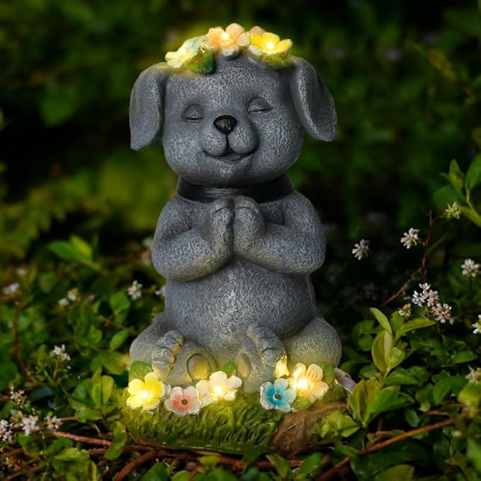 Meditating Dog Garden Statue with Solar LED Lights - Zen Yoga Puppy Figurine with Succulents, Waterproof Resin Decor, 8.7" Outdoor Sculpture, Heartwarming Dog Lover Gifts for Women, Mom, Yard Art