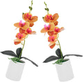2pcs Artificial Potted Moth Orchid Plants Orange Faux Bonsai Flowers Simulation Orchid Decor for Living Room Table Centerpiece Home Office