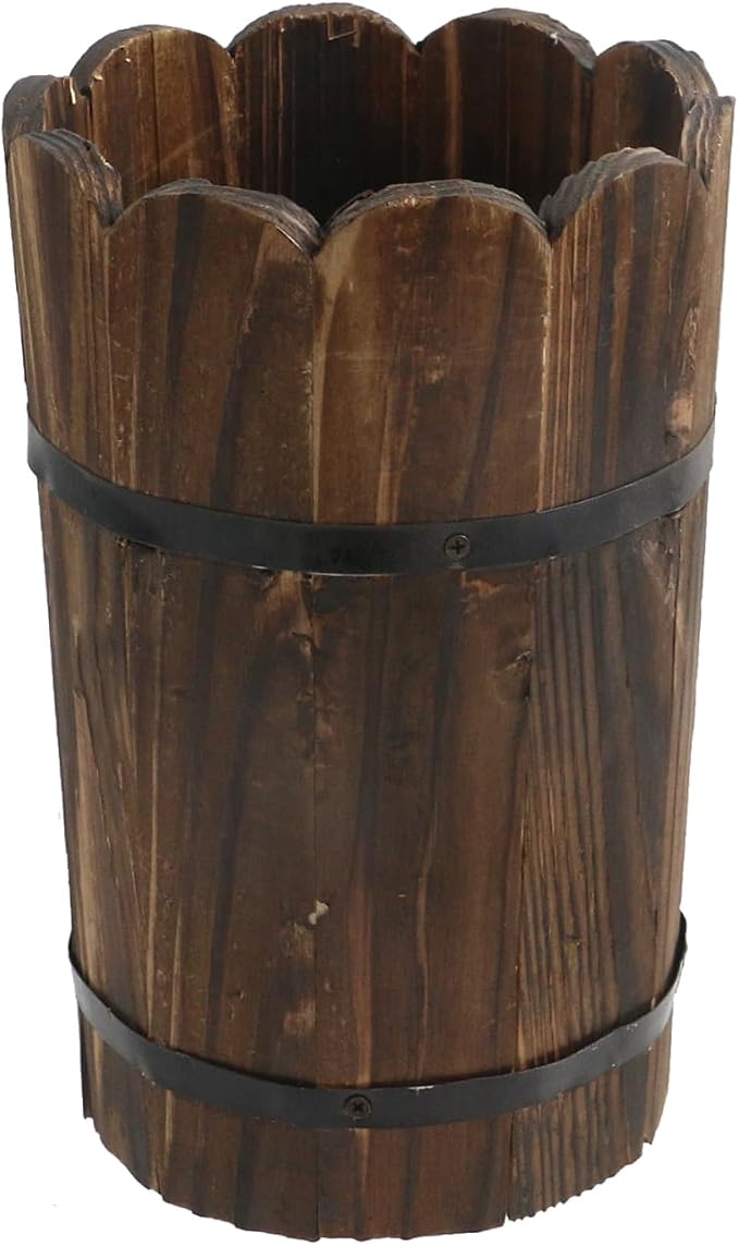 MY MIRONEY Wooden Barrel Planter Vintage Style Wood Bucket Rustic Garden Flower Plant Pots Container, Wave Mouth, 5.63" x 8.86"