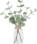 Coferset Artificial Eucalyptus Stems in Glass Vase with Faux Water, 15" Eucalyptus Fake Plants with Double-Sided Green Leaves for Home, Bathroom, Office, Farmhouse, Shelf Coffee Table Decor