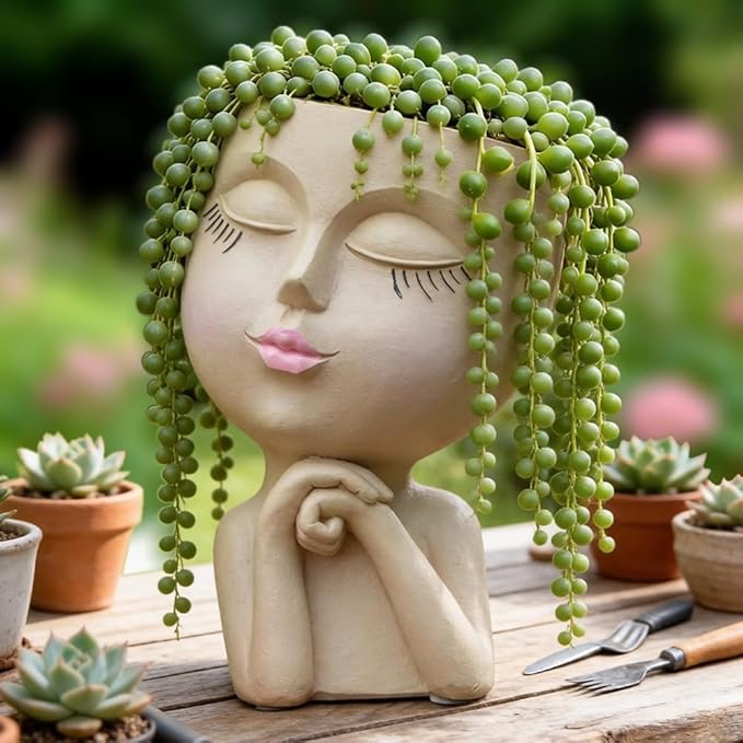 Face Planters Pots Head, Unique Air Plant Holder, Funny Succulent Flower Pot, Cute Indoor Plant Pot with Drainage for Small Herb Cactus, Decorative Vase, Garden Gift for Women, Desk Shelf Art Decor 7"