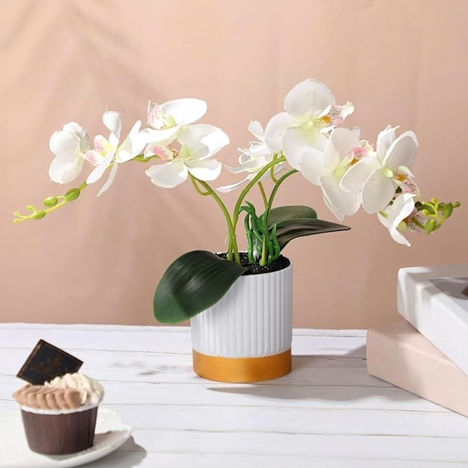 XunYee Orchid Artificial Flowers in Pot 15 Inches Artificial Orchid Flowers Phalaenopsis Potting for Home Office Wedding Bathroom Centerpiece Decor(White)