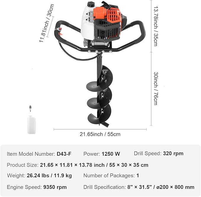 VEVOR Post Hole Digger, 43cc 1250W Auger Post Hole Digger, Gas Powered Earth Digger with 8" Earth Auger Drill Bit, 30 inch Long Alloy Steel Auger, for Farmland, Garden and Plant, EPA Certification