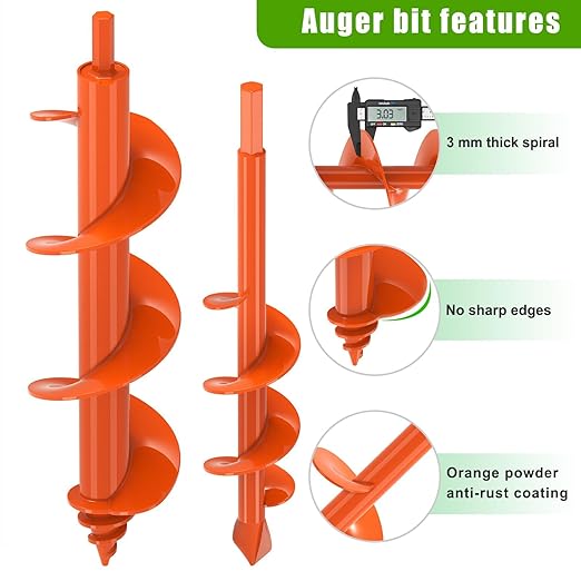 Insaga 2Pack Garden Auger Drill Bit for Planting, 1.6x9 & 3x12 Post Hole Digger, Spiral Garden Earth Auger Drill Bit for Fence Posts Bulbs Plants, Fits 3/8" Hex Drive Drill