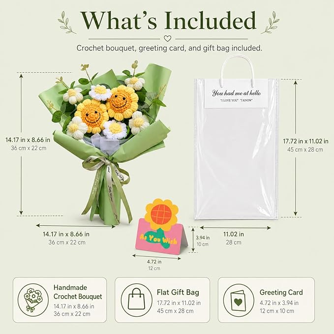 Crochet Flower Bouquet Handmade Knitted Sunflower Artificial Bouquet Positive Crocheted Sunflowers Bouquet with Exquisite Wrap for Valentine Mother's Day Graduation Anniversary (Green)