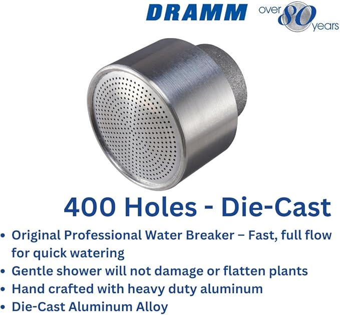 Dramm Water Breaker Nozzle with 400 Tiny Holes, For Greenhouse & Nurseryman, Saves Time & Water, Will not Damage or Flatten Plants, Silver