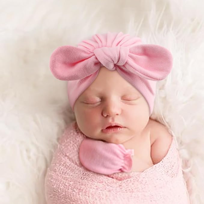 BQUBO Baby Turban Hats and Mittens Set Newborn Infant Hospital Hats Caps with Bows for Baby Boys Girls 0-12 Months