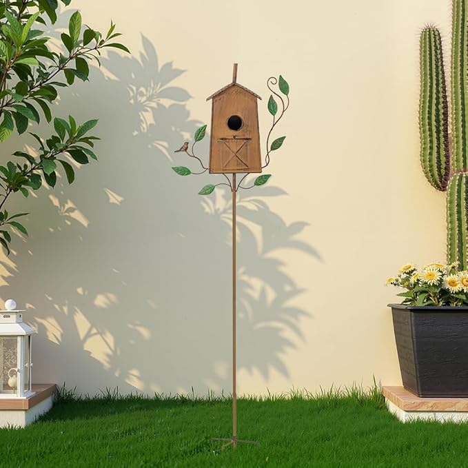 50" Bird Houses for Outside with Pole, Outdoor Metal Birdhouse for Patio, Yard, Garden, Brown