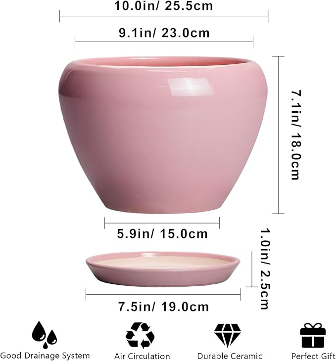 Ceramicfor 10 Inch Plant Pot - Ceramic Planter for Indoor Plants, Glaze Modern Round Planter with Drainage Hole and Saucer, Gifts for Plant Lovers, Office Patio Home Room Decor, Pink