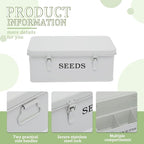 Seed Storage Organizer, 4 Compartment Seed Storage Box with Safety Lock, Metal Seed Box Seed Packet Container with 1 Pen, 12 Slots, 20 Plant Labels & 30 Seed Envelopes, White Gardening Gift