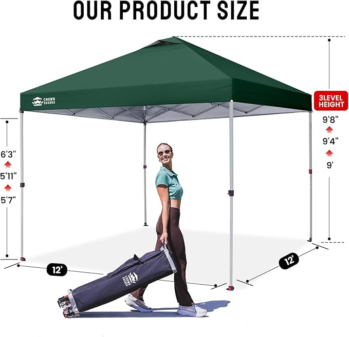 CROWN SHADES 12x12 Pop Up Canopy Outside Canopy, Patented One Push Tent with Wheeled Carry Bag, Bonus 8 Stakes and 4 Ropes, Forest Green