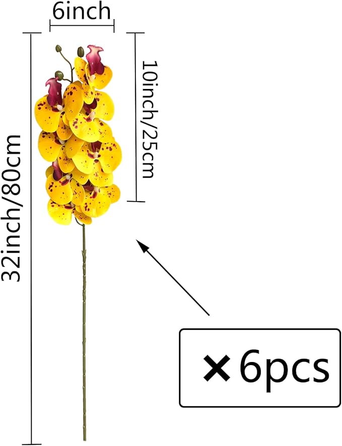 FagusHome 32 Inch Artificial Phalaenopsis Flowers 6 Pcs Artificial Orchid Flowers Stem Plants for Home Décor (Yellow Piebald)