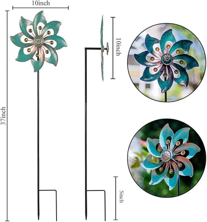 VEWOGARDEN Single-Blade Wind Spinner, Outdoor Metal Wind Spinner with Floral Design for Yard, Garden, Lawn Decor, 10 Inch, 2 Pack