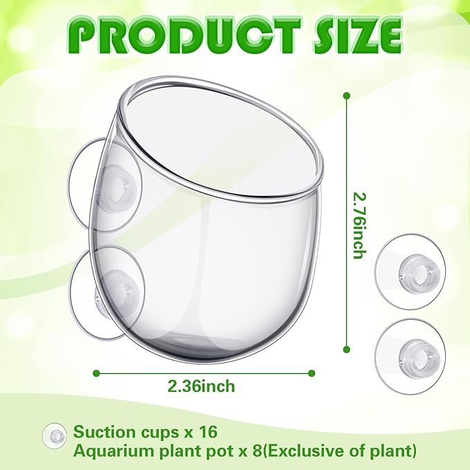 Dandat 8 Pcs Aquarium Plant Holder Pot Clear Glass Aquatic Plant Cup with Suction Cups Aquarium Fish Tank Pots for Aquaponic Cultivation Water Feature Decoration