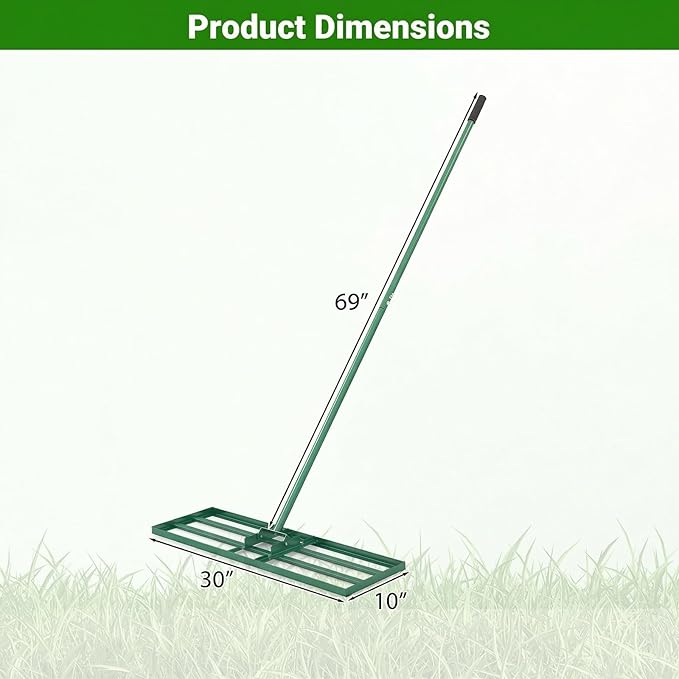 Goplus Lawn Leveling Rake, 30" x 10" Heavy Duty Level Lawn Tool w/ Ergonomic Handle for Soil, Effort-Saving Landscape Rake for Garden, Backyard, Golf Course, Farm, Pasture (Green)