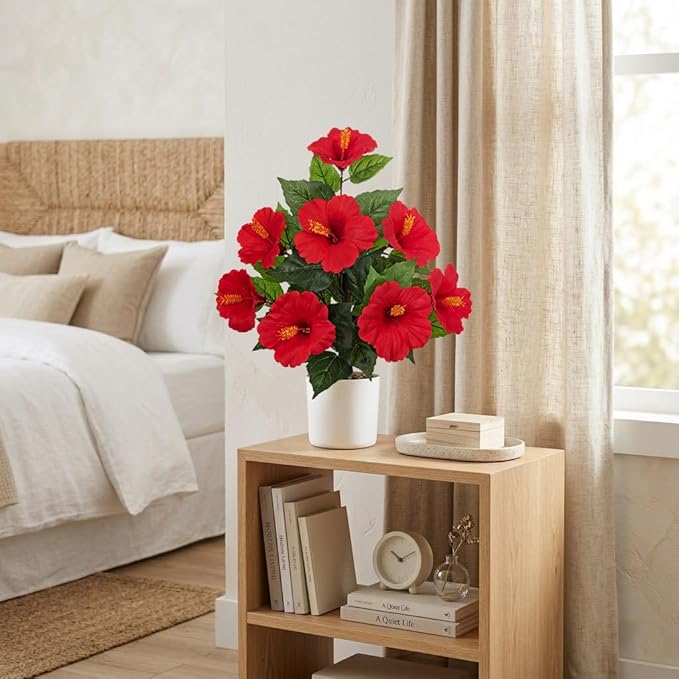 Briful Artificial Hibiscus Potted Plant 20.8” Tall, Realistic Silk Hibiscus Flowers Farmhouse Table Decor, Faux Tropical Flower Plant in Pot for Living Room Table, Entryway, Office, Home Decor, Red