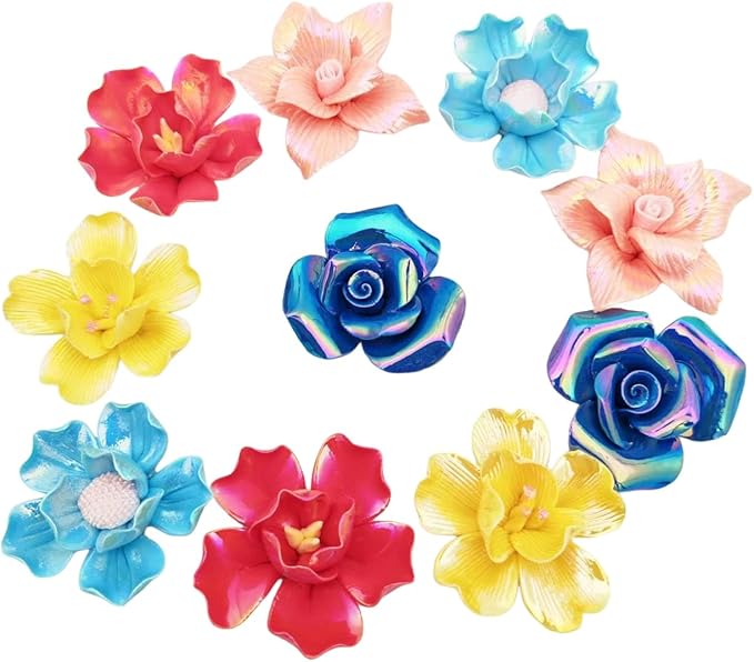 10 PCS 3D Flower Ceramic Tiles,1.6" Handmade Procelain Ceramic Flowers for Artwork,Fish Tank,Vases,Living Room, Dining Table,Office, Home Floral Decor (Double-Flowered Iridescent Mix Color)
