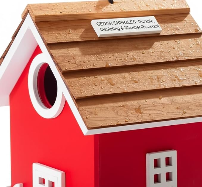 2026 Vinyl Water Proof Bird House for Outside, Shingle Roof Bluebird House Nesting Box, Squirrel Proof Hanging Birdhouse, 5 Years Weatherable for Outdoor Decoration,Bird Box for Pole (Red)