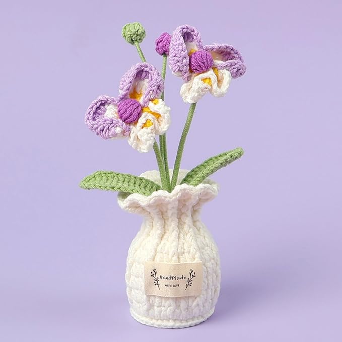 Crochet Moth Orchid Vase, Eternal Finished Hand Woven Artificial Mini Flowers Pot Decoration for Home Office Kitchen Living Room Table Bedroom Creative Women Girls Gift (Pink)