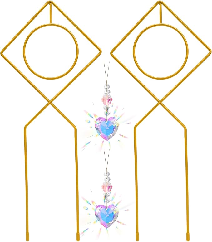eZAKKA 17.3in Small Trellis for Potted Plants, Trellis for Climbing Plants Indoor Vine Ivy Flower Support with 2PCS Crystal Suncatcher, Gold, Pattern 03
