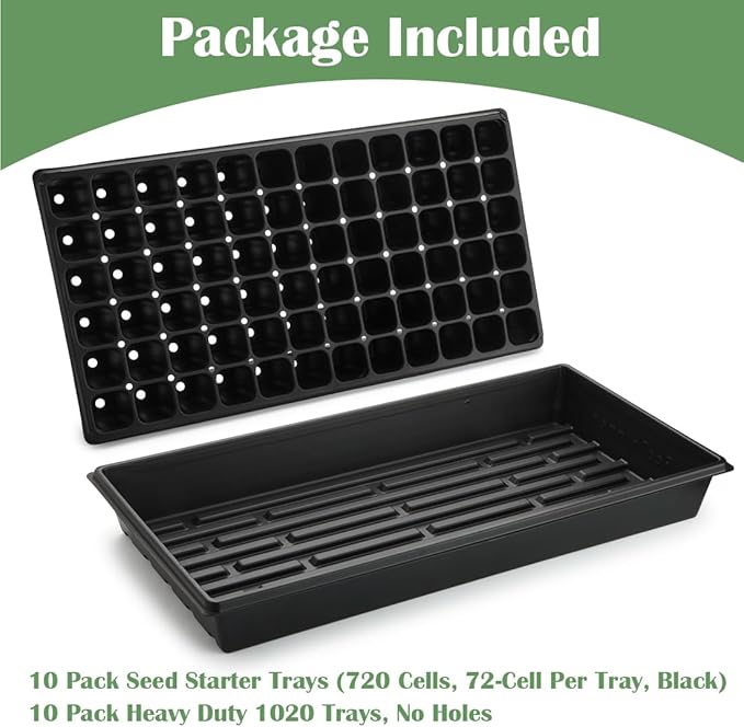 RooTrimmer 10 Pack 1020 Trays No Holes and 10 Pack 72 Cell Seed Starter Tray, 20" x 10" - Heavy Duty Reusable Plastic Seed Starter Kit for Microgreens, Seed Germination & Plant Propagation (10 Sets)