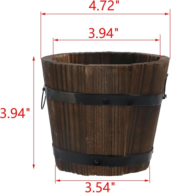 MY MIRONEY Plant Pots, Vintage Wooden Barrel Planter - Solid Rustic Garden Flower Pot with Metal Handles & Frame for Indoor Planter, Office Home Decor, Garden Home Plants, 4.72" x 3.94"
