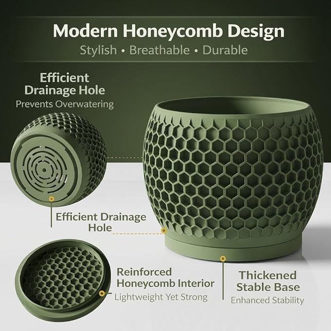 Plant Pots, Modern 3D Printed Honeycomb Planters for Indoor Plants, 4.7/6 Inch Military Green Decorative Flower Pot for Office Desktop, Bookshelf & Home Decor, Lightweight & Durable.